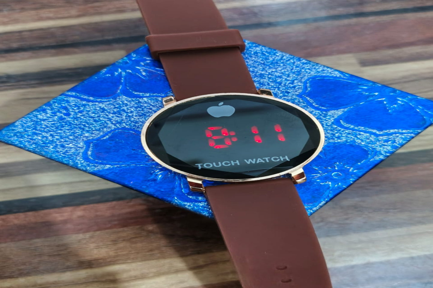 Rose Gold Touch LED Watch with Brown Strap – Stylish Digital Wrist Watch